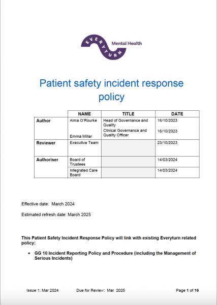 Patient safety incident response policy